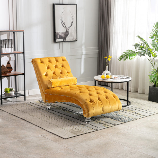 Veet Button-Tufted Chaise Lounge Chair with Pillow - Mustard Yellow Upholstered, Solid Acrylic Legs, 275 lb Weight Capacity, No Assembly Required for Living Room, Bedroom, Office, Living Room Seating | Tufted Upholstery | Plush Fabric Chair