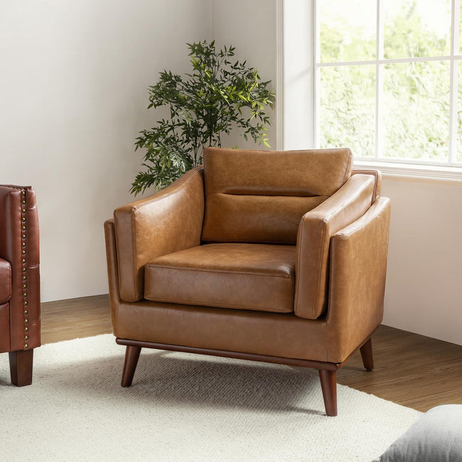 1pc Mid-Century Modern Accent Chair with Solid Wood Legs - Comfy Upholstered Armchair with Straight Cushion for Living Room, Bedroom, or Club - Available in Brown, Cream, and Black, Club Armchair | Elegant Design | Sophisticated Finish, Chair for Living R