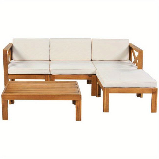 {Quality Assurance}TOPMAX Outdoor Backyard Patio Wood 5pcs Sectional Sofa Seating Group Set with Cushions Natural Finish+ Beige Cushions{Attentive Service}