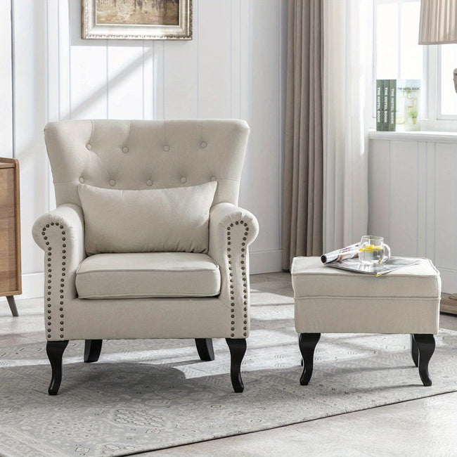 2pcs/Set Medieval Modern Style Chair Button Tufted Wing Backrest with Pillow Armchair, Suitable for Living Room/Bedroom/Club