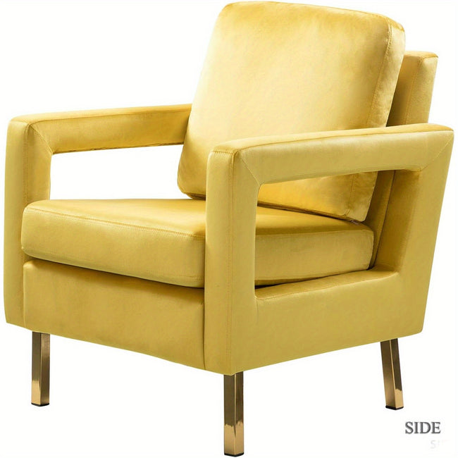 1pc Modern Velvet Accent Chair with Golden Metal Legs, Wingback Upholstered Armchair, Removable Back Cushion, Sponge Filled, Hardwood Frame, Easy Clean - Yellow
