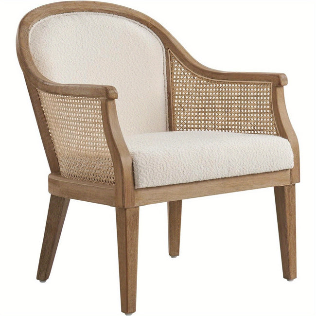 Mid Century Modern Rattan Chair, Upholstered Fabric Gaming Accent Chair with Solid Wood Frame, Retro Living Room Chair for Bedroom/ Fire Place/ Reading Room