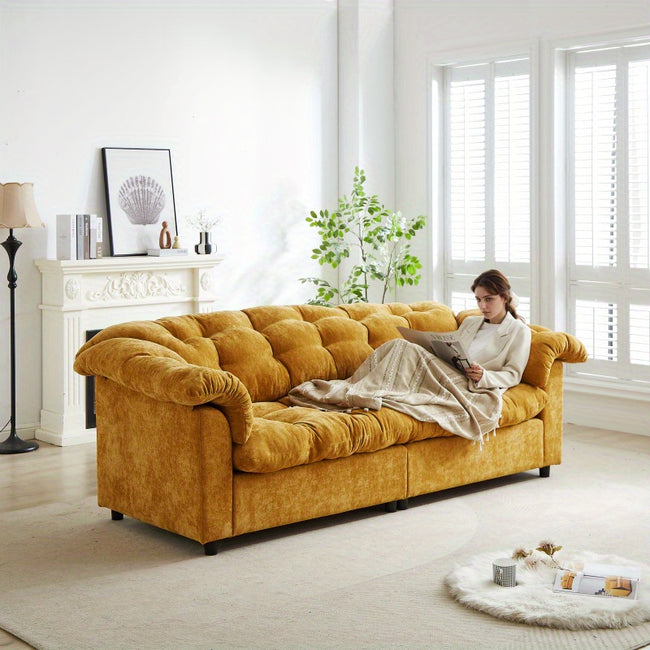 99.2" Chenille Modern Comfort Deep Seat Sofa - Fluffy Cloud Upholstered, Mustard-Yellow Classic Contemporary Design, Sturdy Solid Wood Frame & Plastic Feet, No Assembly Required for Living Room, Bedroom, Office, Apartment, Bedroom Lounge Furniture | Minim