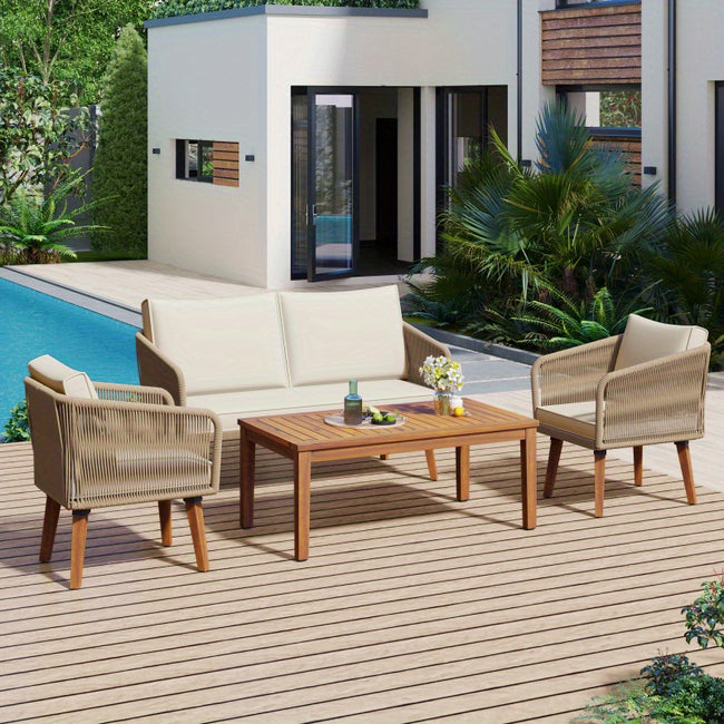 TREXM 4pcs Patio Conversation Set Solid Wood Loveseat 2 Chairs and Table Outdoor Conversation Group with Cushions for Backyard Poolside Garden Beige Cushion + Natural Rope