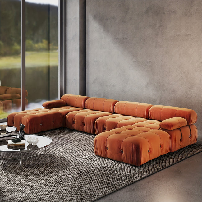 138.6" U-Shaped Wide Velvet Reversible Modular Sectional Sofa with 2 Ottomans - Soft Orange Velvet Upholstery, Solid Wood Frame, Contemporary Design for Office Reception or Living Room, Versatile Sectional Sofa | Ushaped Couch | Reversible Design, Sofa fo