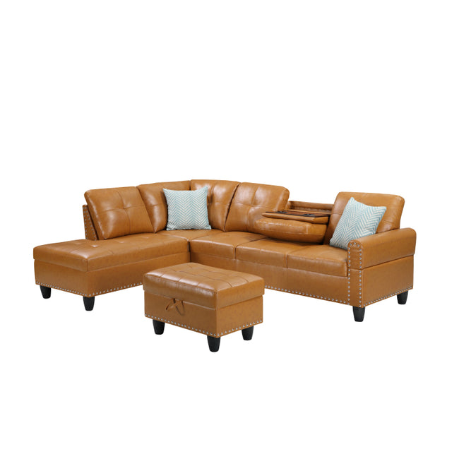 Luxurious Faux Leather Sectional Sofa with Ottoman - Modern Design Home Furniture, Storage Cabinets
