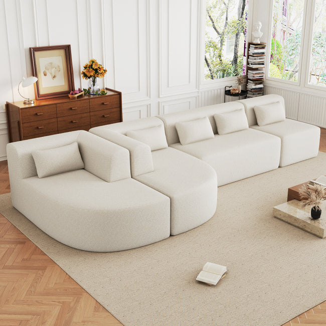 Modern Beige Modular Sofa with Chaise Lounge & Throw Pillows - 144" Upholstered Couch for Living Room, Minimalist Design, Soft Boucle Fabric, Foam+Pocket Springs, Easy Assembly, 250 lbs/Seat Capacity, Sofa for Living Room