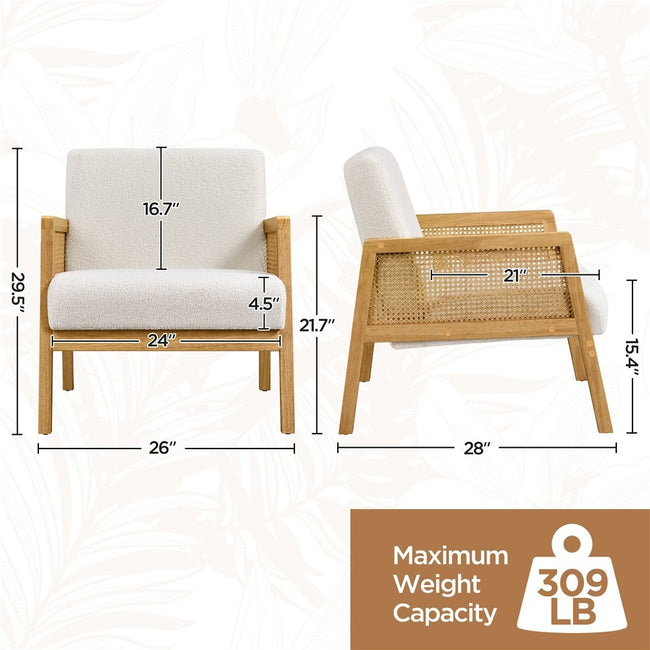 Costoffs Accent Chair with Rattan Sides and Rubberwood Legs Boucle Fabric Leisure Chair Oversized Armchair for Living Rooms Bedrooms Lounges Sunrooms