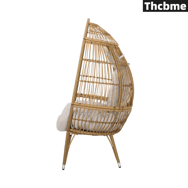 1pc Thcbme Tear Drop Egg Chair, Rattan Woven Seat with Waterproof Cushion, Wooden Hardwood Frame, Non-Adjustable Recliner for Living Room, Reading Nook, Patio, Office - Easy Assembly, Spot-Clean Care