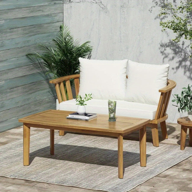 2 - Person Outdoor Acacia Wood Patio Seating Group with Cushions and Coffee Table for Porch Garden Backyard Balcony Teak Finish White