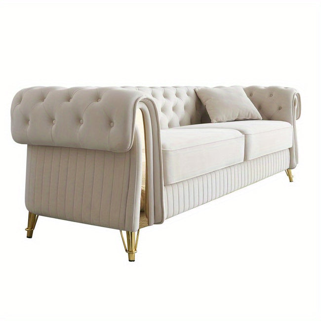 Home improvement 89''W Chesterfield Modern Tufted Veet Living Room Sofa with Two Seat Cushions and Two Toss Pillows Beige Grooving machine chuck