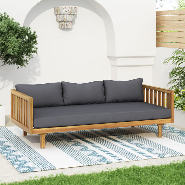 3-Seater Outdoor Sofa Bed with Water-Resistant Cushions, Acacia Wood Frame & Slat Panel Design - Rustic Patio Furniture for Garden, Deck, Poolside - Easy Assembly