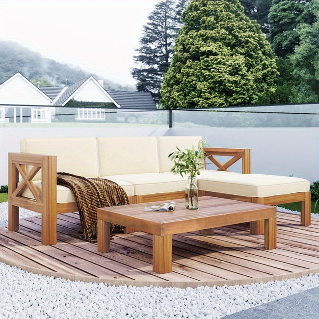 TOPMAX Outdoor Backyard Patio Wood 5pcs Sectional Sofa Seating Group Set with s Natural Finish+ Beige s