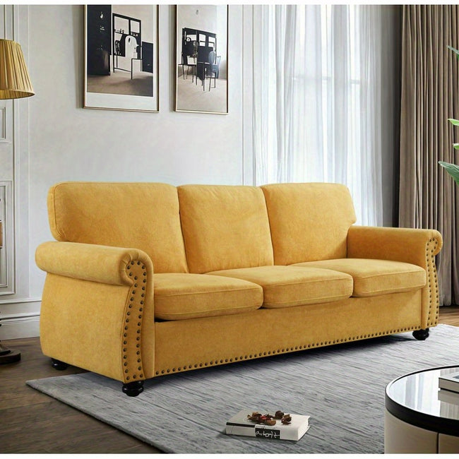 Luxurious Soft Velvet Sofa High-Quality Upholstered 3-Seater Couch with Dense Foam Loose Back Cushions and Sturdy Solid Wood Legs Stylish Living Room Furniture for Home Apartment and Office Mustard Yellow
