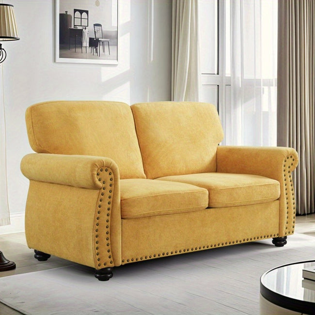 Soft Veet Loveseat Upholstered 2 Seater Couch with High-Density Foam Loose Back Cushions and Solid Wood Turned Legs Chic Living Room Furniture for Home Apartment and Office Mustard yellow