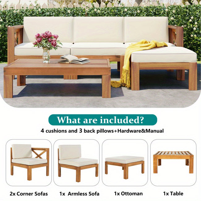 TOPMAX Outdoor Backyard Patio Wood 5pcs Sectional Sofa Seating Group Set with Cushions Natural Finish+ Beige Cushions