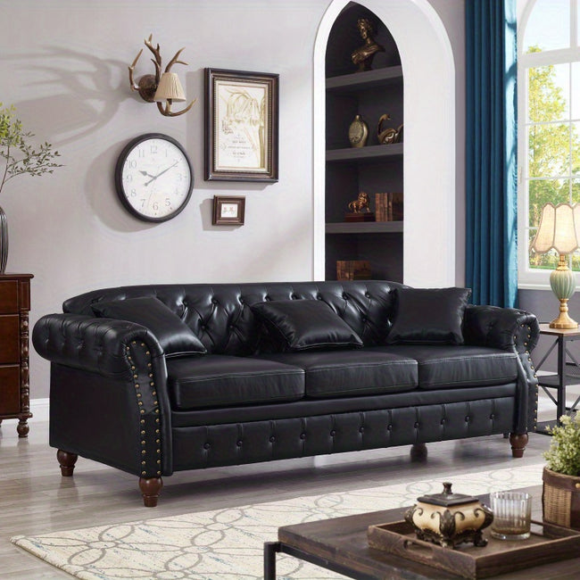 85.8" Chesterfield Sofa with Storage - Classic Tufted Faux Leather PU Upholstery, Dark Brown Solid Wood Legs, 800lb Weight Capacity, Removable Cushion Cover & Toss Pillows for Living Room, Black, Living Room Furniture | Tufted Upholstery | Sturdy Wood Fra
