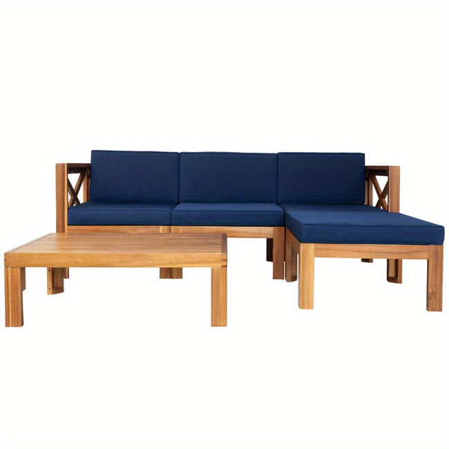 TOPMAX Outdoor Backyard Patio Wood 5pcs Sectional Sofa Seating Group Set with Cushions Natural Finish+ Blue Cushions