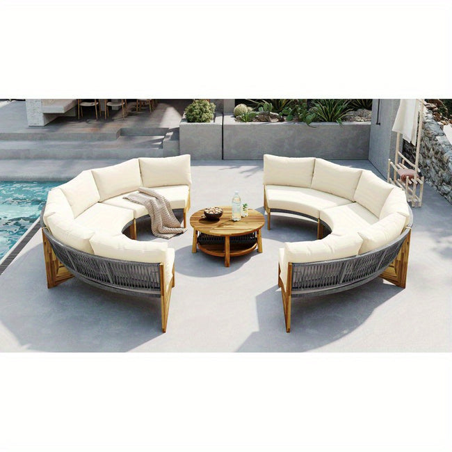 U_STYLE 6-Person Outdoor Seating Group with Coffee Table, Mixed Color, Acacia Tabletop, High-Density Foam, 220 lbs Weight Capacity, 105.5" H x 52.7" W x 26.8" D, Perfect for Backyard, Patio, or Garden