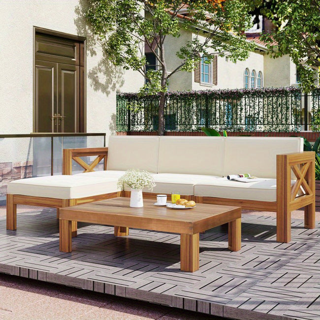 TOPMAX Outdoor Backyard Patio Wood 5pcs Sectional Sofa Seating Group Set with Cushions Natural Finish+ Beige Cushions