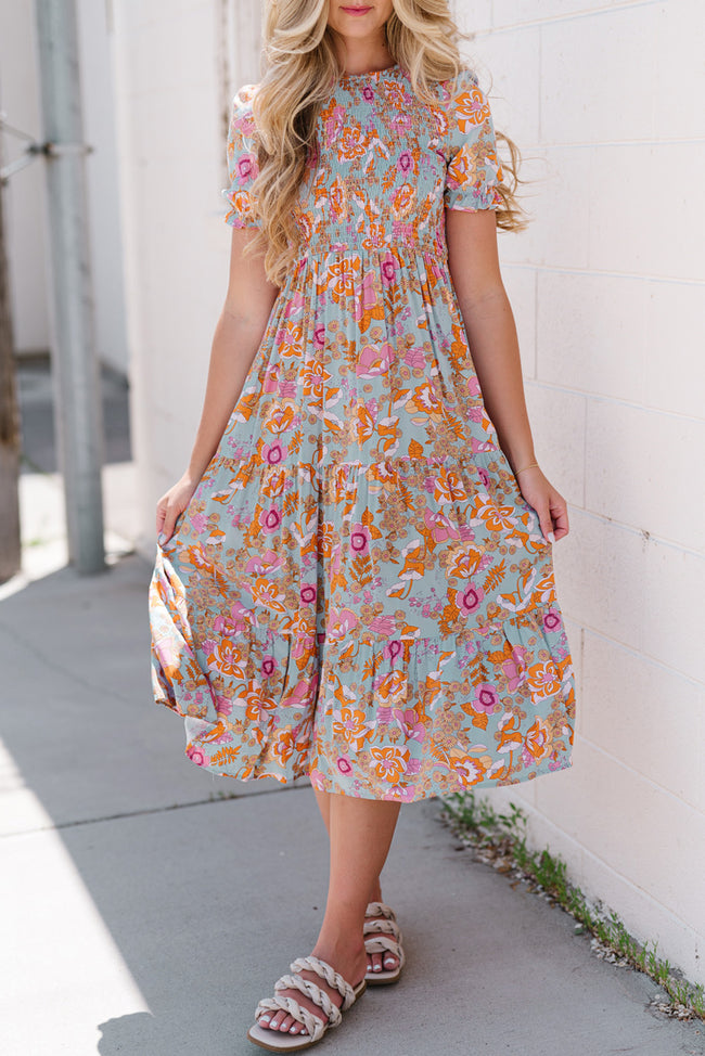 Floral Flounce Sleeve Round Neck Midi Dress