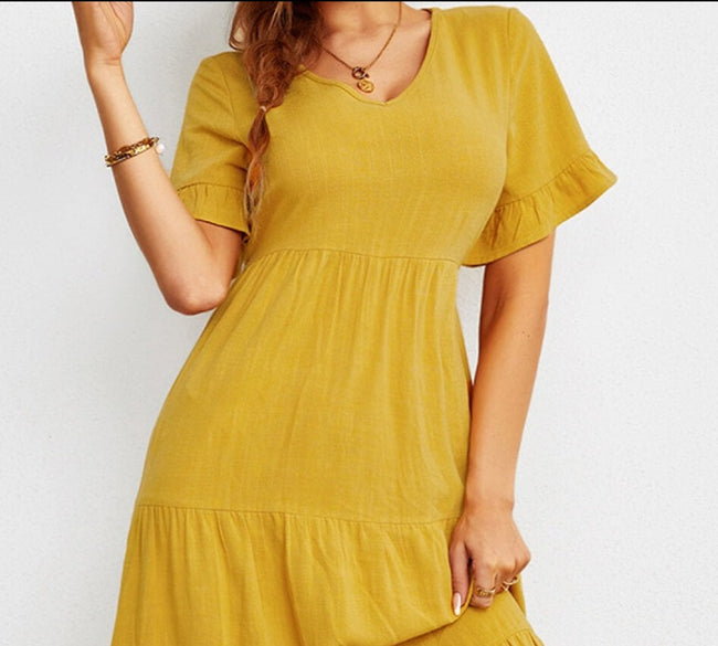 Short Sleeve V-Neck Tiered  Dress